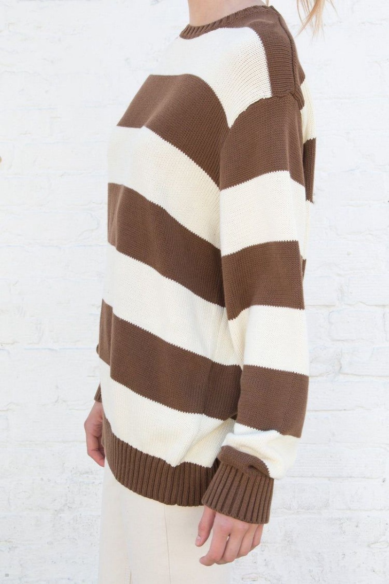 Chandail Brandy Melville Brianna Coton Thick Stripe Marron Blanche | PAL-07859602